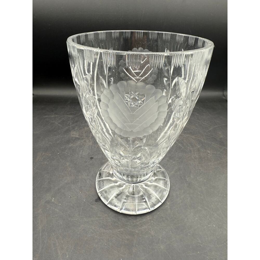 Vintage Footed Glass Vase Frosted Rose and Leaf Pattern- Scalloped Rim
